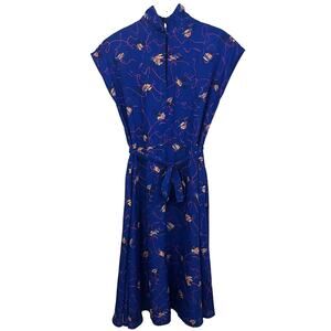 Vintage 80s Diane Von Furstenberg Belted Abstract Print Dress Size 6 Blue